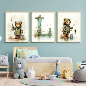 Personalized Teddy Bear Fishing Nursery Prints, Teddy Bear Fishing Nursery Decor, Kids Fishing Gifts, Camping Nursery Decor, Digital Print