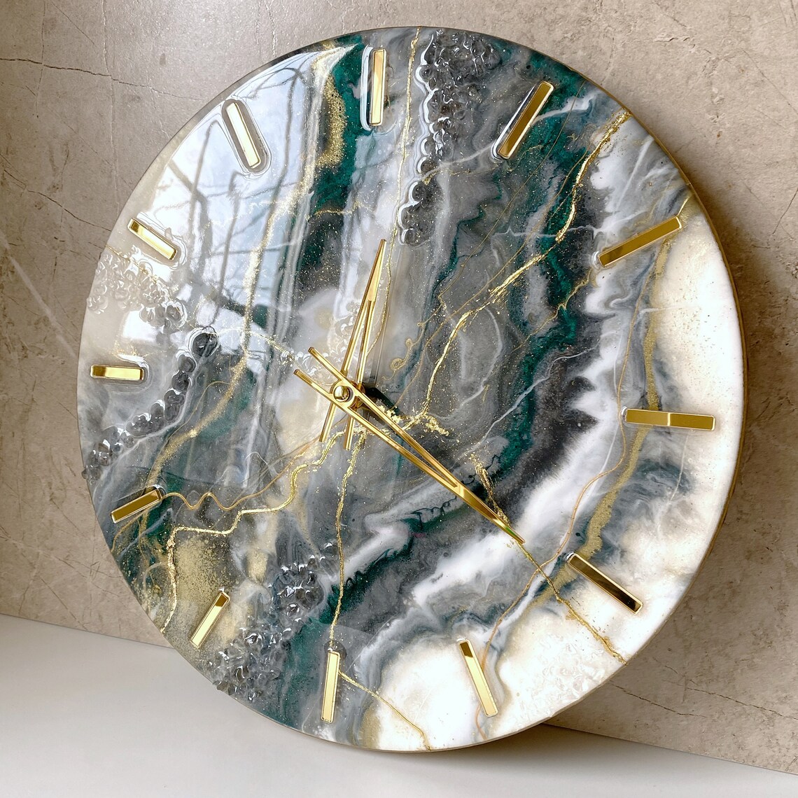 Resin Art Wall Clock Modern Home Decor Emerald Gray White Wall Etsy