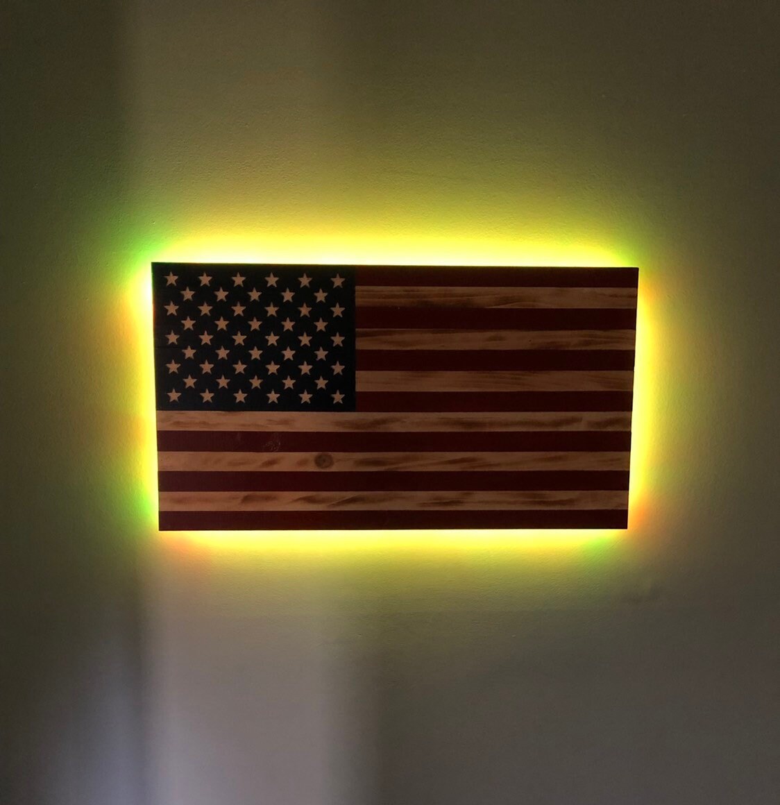 Wooden Back Lit American Flag with Carved Stars, Wooden Flag With LED