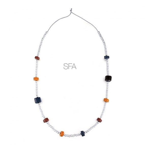 Lagenlook quirky long or short Ceramic and silver Beaded necklace, with a pale grey thread,