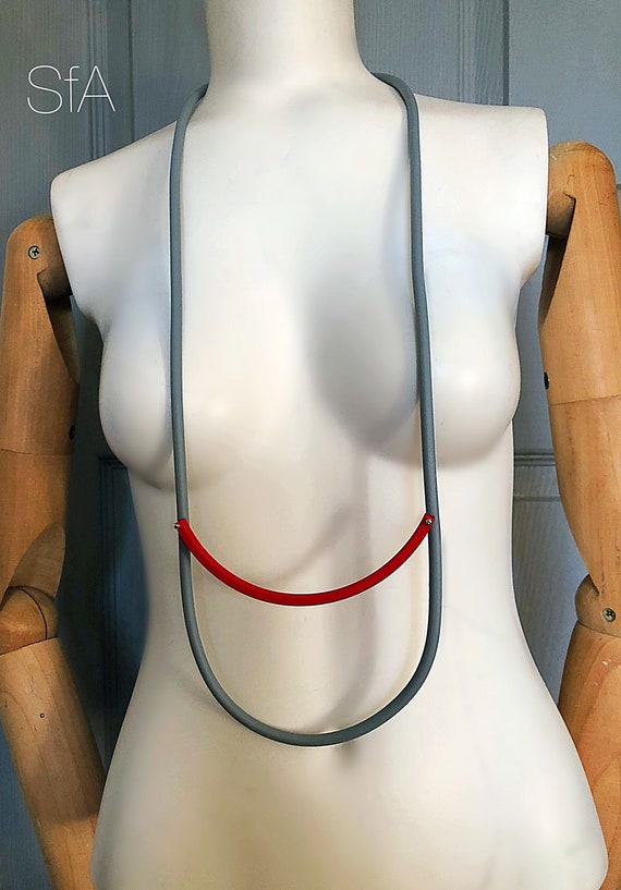 Long geometric necklace, fabulous lagenlook, in grey and frosted red bar, geo, minimalist.