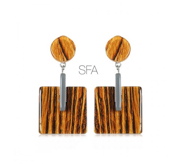 Lagenlook Geo black and golden brown, with grey strip, acrylic earrings. For pierced ears.