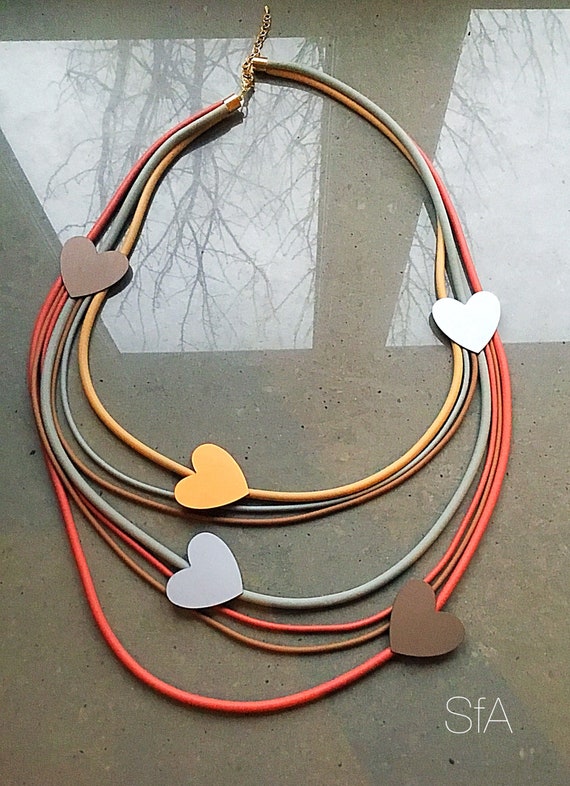 Lagenlook. Rubber necklace, long multi thread, with hearts. Wow factor, quirky, fun.
