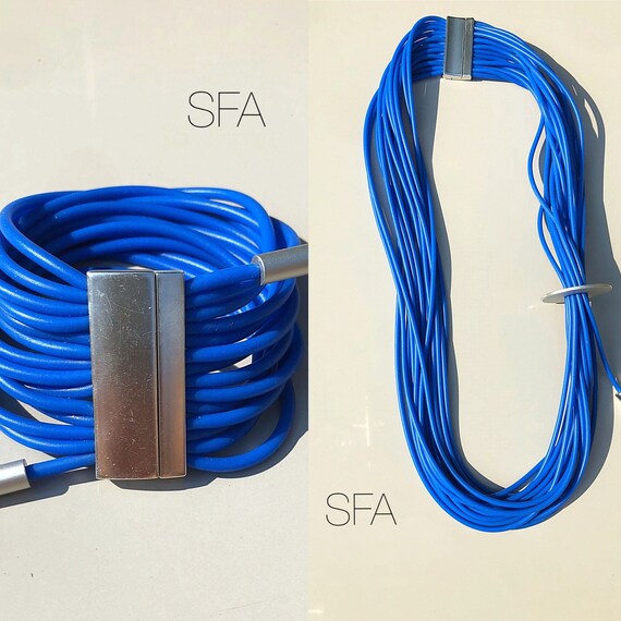 Lagenlook cobalt blue necklace or bracelet, multi thread rubber. With long clip magnetic fastener.
