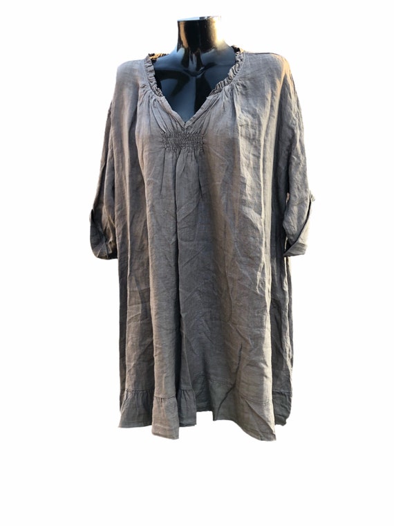 Lagenlook quirky 100% quality linen tunic or dress, with frill collar and gathered front. 4XL