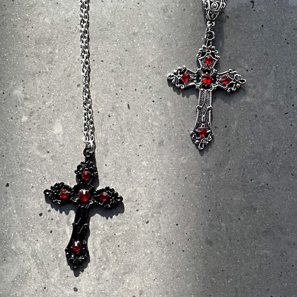 Large vintage style cross, crucifix necklace, with Ruby blood red stones. In black enamel or silver alloy.