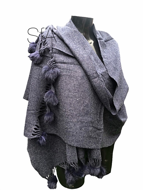Lagenlook Long soft blue shawl or scarf with pompoms.