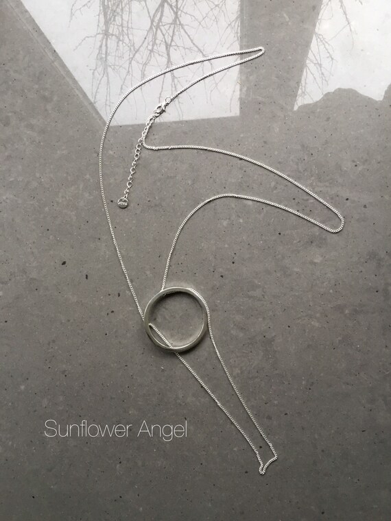 Long silver plated geo circle necklace