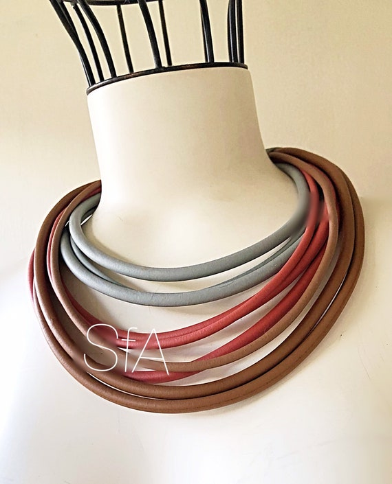 Rubber necklace, quirky, wow piece, short multi thread, in grey with brown and vintage dark rose.