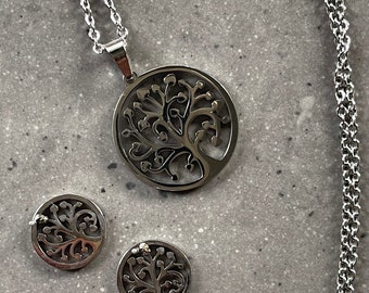 Tree of life necklace and earring set, in polished steel.
