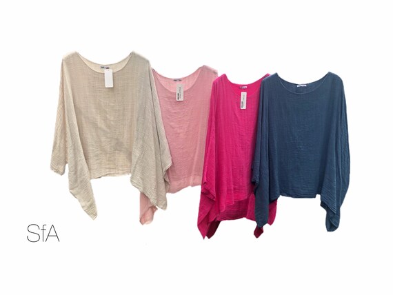 Lagenlook basic batwinged top, tunic, blouse, with lined body 100% cotton. In 4 different colours. Size 10, 12, 14, 16, 18 UK 2XL