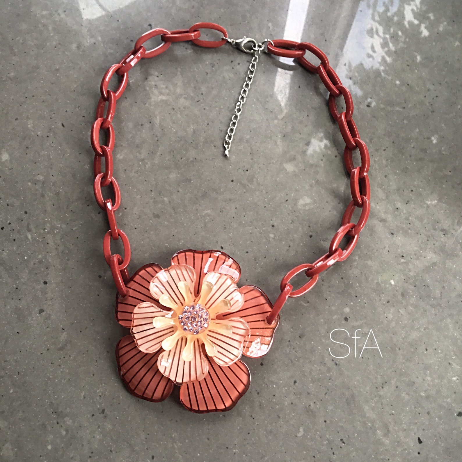 Acrylic Flower Necklace, With Central Pink Crystals, on an Acrylic Link