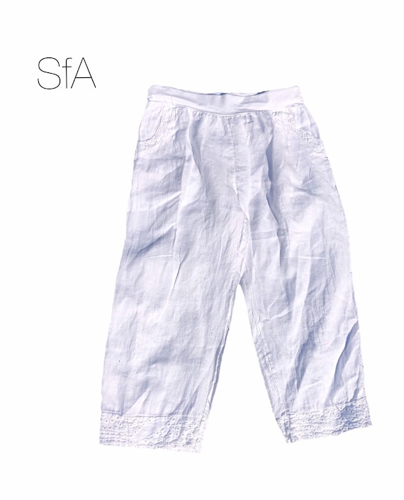 Linen trousers with a cotton lace trim, plus size waist 34-42, size 14, 16, 18. XXL