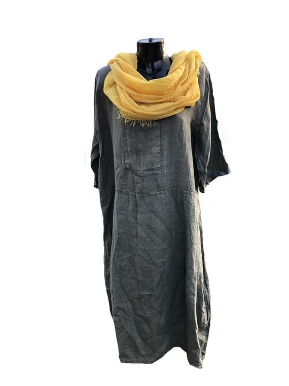 Lagenlook khaki long linen dress, square neck with front patch pocket. Plus size. 4XL