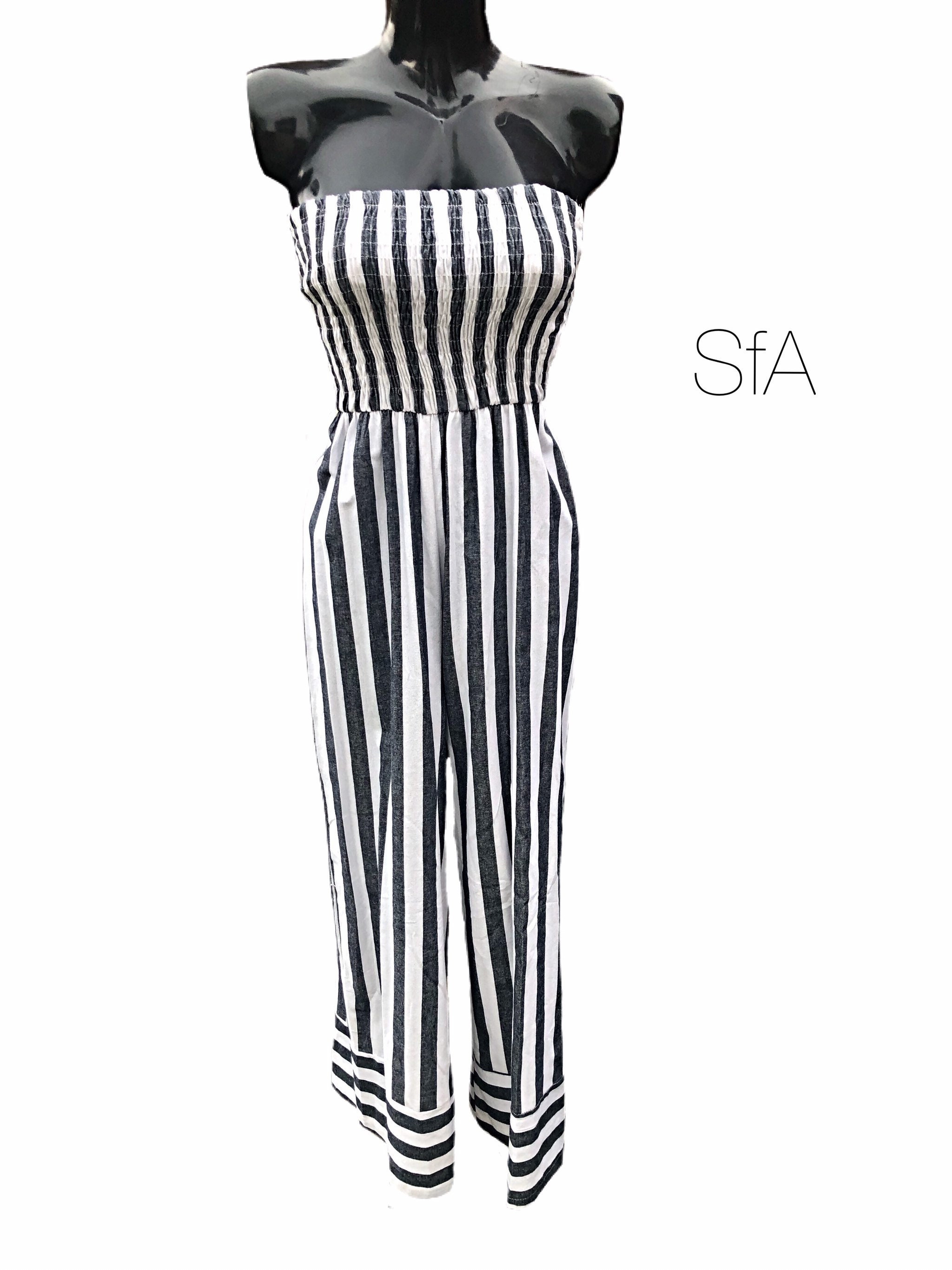 Image of Denim Blue & White Striped Jumpsuit With Flared Trousers Double Strap Back. Size -