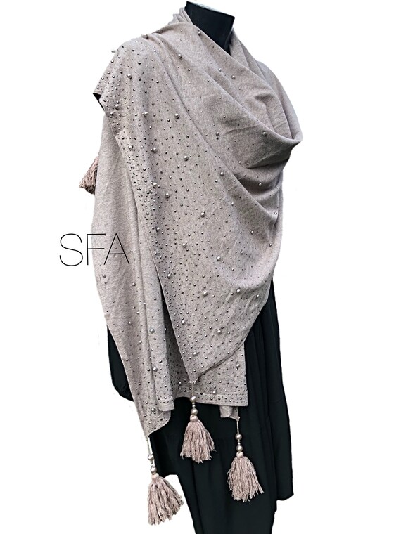 Beaded soft wool shawl, with beaded ends and tassle decoration. in 4 different colours.