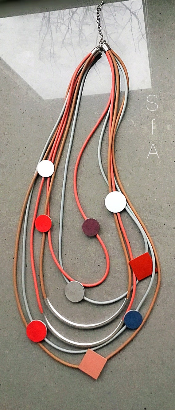 Lagenlook long multi strand necklace, with discs and bars, in grey, brown and rose.