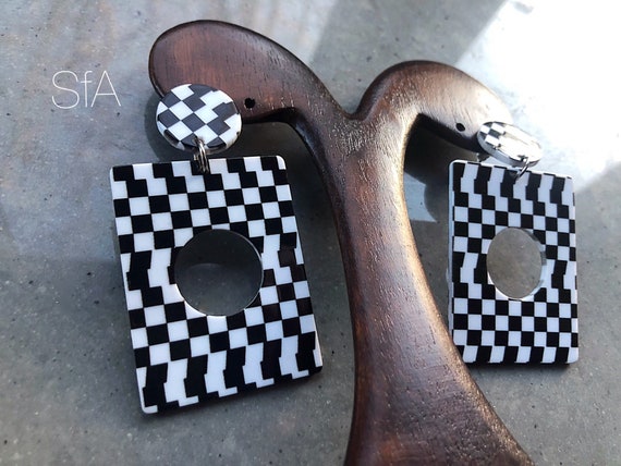 Lagenlook cheaque a board ska earrings. Acrylic earrings. For pierced ears.