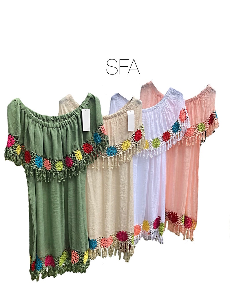 dress Hippy chic gypsy Can be worn in 4 different ways boho bardot top tunic Crochet design with cotton cheescloth body.