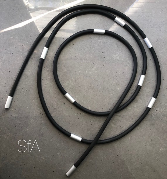Lagenlook Extra Long single thread, thick black rubber necklace or belt. With silver Frosted tubes.