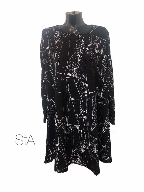 Lagenlook 'Bella Blue' black dress, with white splash effect, size UK 12, 14, 16. S/L/ XL
