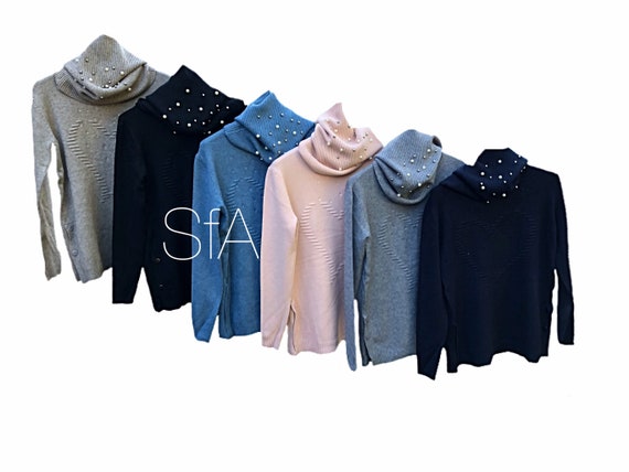Lagenlook. Stunning heart jumper with pearl and studded separate snood, scarf, in 6 colours. Size 8-16 uk XL