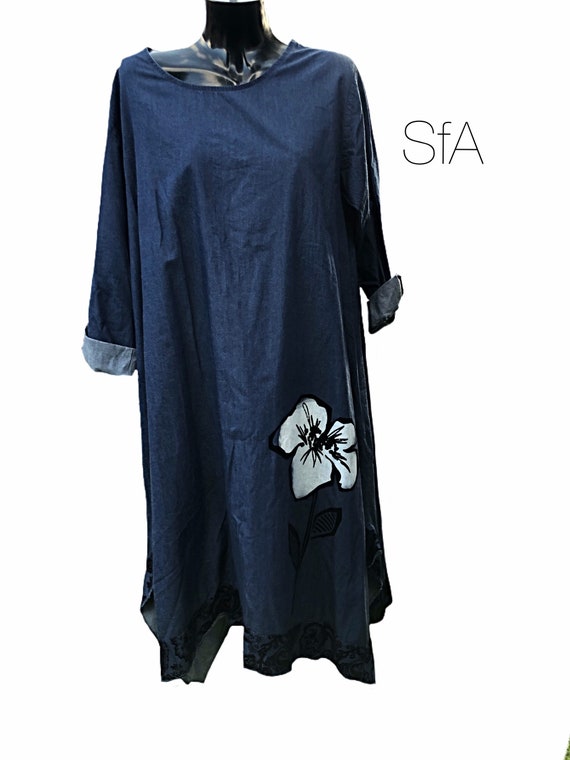 Stunning lagenlook denim, chambrey dress, with painted white flower. Size 12, 14, 16, size 2XL