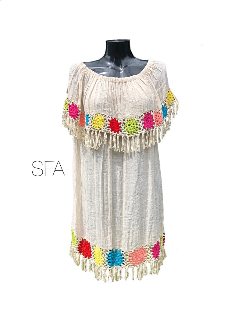 dress Hippy chic gypsy Can be worn in 4 different ways boho bardot top tunic Crochet design with cotton cheescloth body.