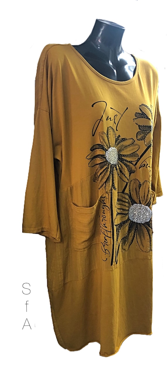Stunning lagenlook sunflower dress, with grey swirls. Size 12, 14, 16, 18 20 size 3XL