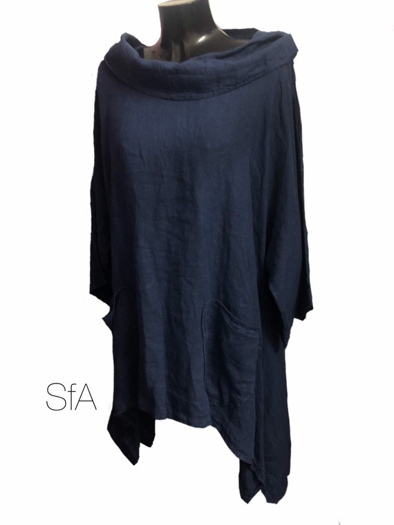 Lagenlook Linen hooded tunic, with hood and wide cowl collar. Size UK 12, 14, 16, 18, 20. 3XL