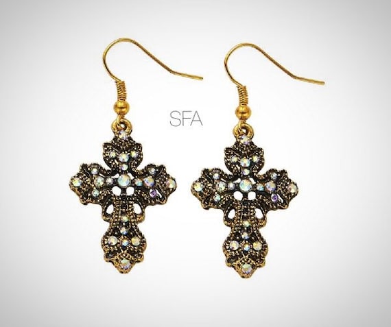 Ornate vintage style crucifix earrings, in brass backing with crystals