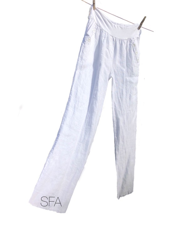 Linen pants trousers, in 2 colours, black or white. With cotton stretch waist band. Lagenlook. M, L, XL, XXL.