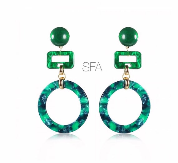 Lagenlook Geo green marbled effect acrylic earrings. With circles and rectangles. For pierced ears.