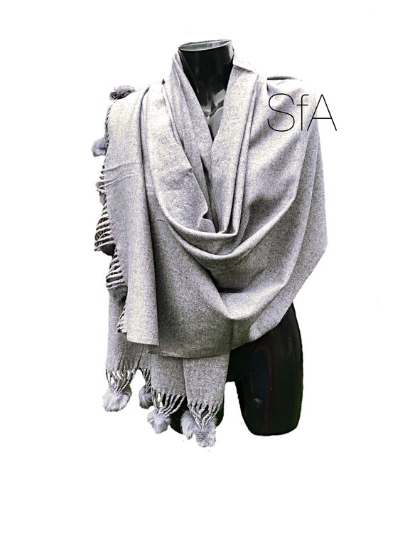 Lagenlook Long soft grey shawl or scarf with pompoms.