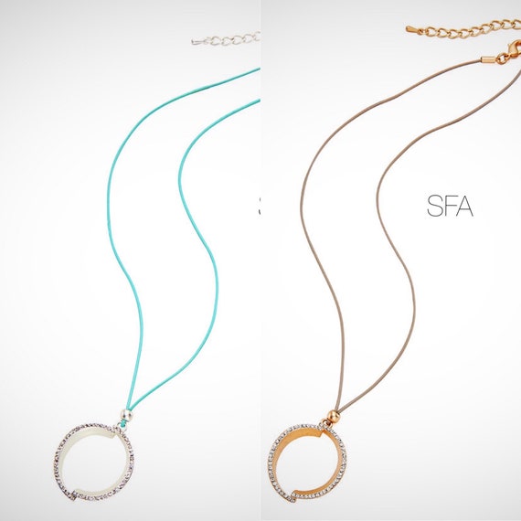 Geo pendant on leather necklace, in frosted gold or frosted silver, with a row of crystals