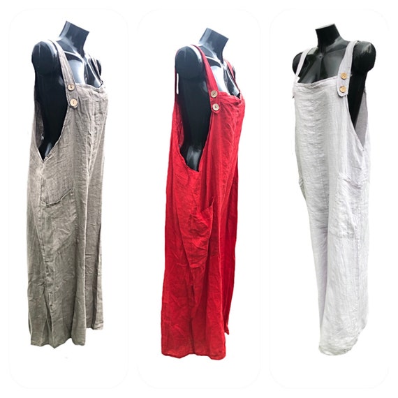 Lagenlook baggy linen dungarees, with adjustable button fasteners, drop sides.