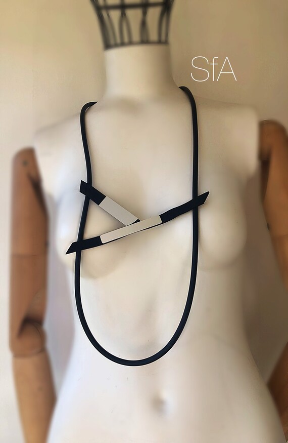 Rubber teal necklace, lagenlook statement, with yellow and pink bars, or black and silver bars.