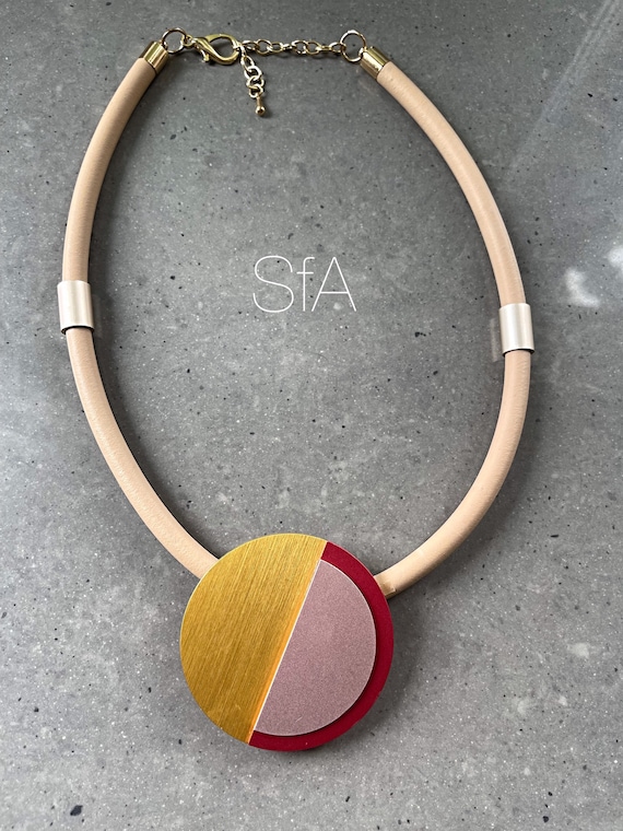 Lagenlook Abstract Necklace With a Minamalist Feel. With a Beige Rubber Thread Necklace With a Gold Pink and Red Disc. Etsy
