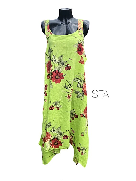 Lagenlook, linen pinefore dress, with sleeveless adjustable arms, in lime green, size 14-22, 4XL, bust 46" Last one