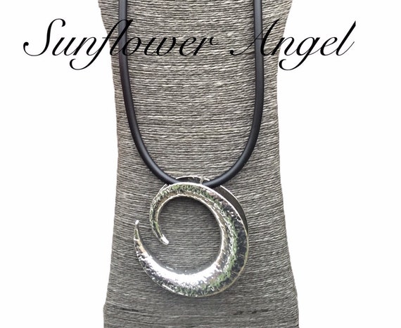 Lagenlook large spiral shell pendant, on thick rubber necklace