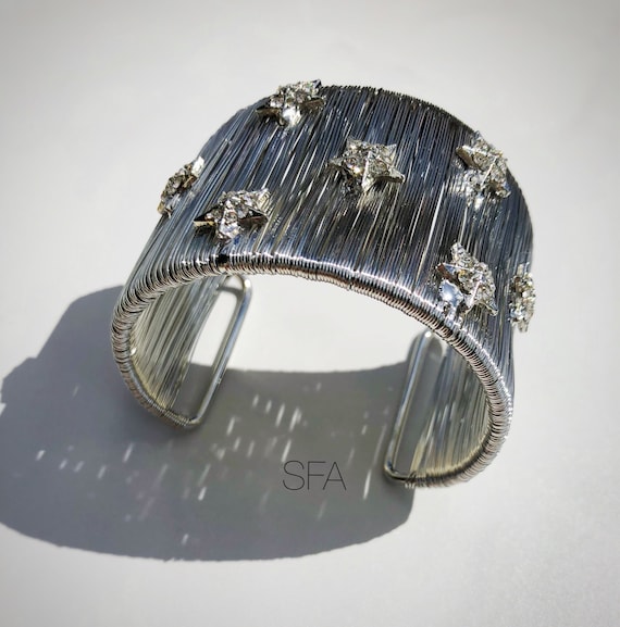 Stunning wide wire wrapped silver bangle cuff, with sparkling star design, gap opening.