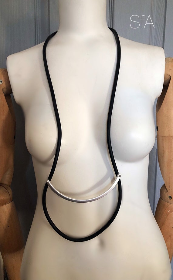 Long geometric necklace, fabulous lagenlook, in black and frosted grey bar, geo, minimalist.