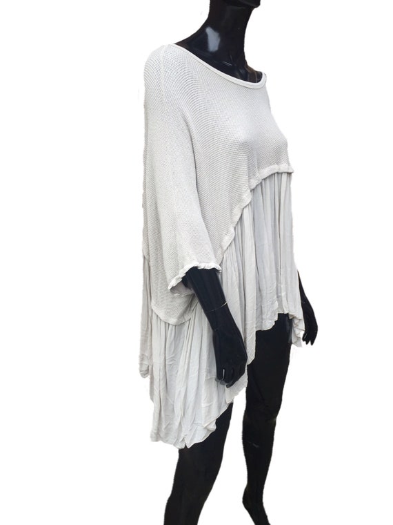 Lagenlook panel tunic, with frill, plus size in white.