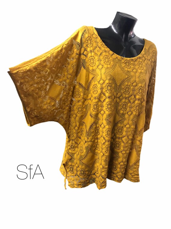 Lace effect, lined tunic, in blue or mustard, UK size 12, 14, 16, size XL