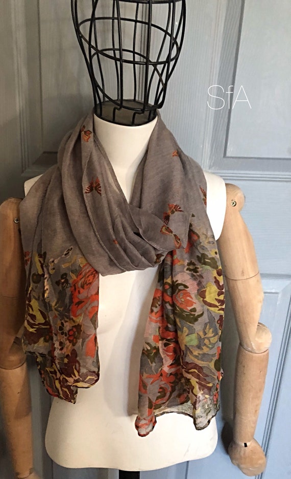 Floral butterfly scarf, tie dye scarf. Panel scarf.