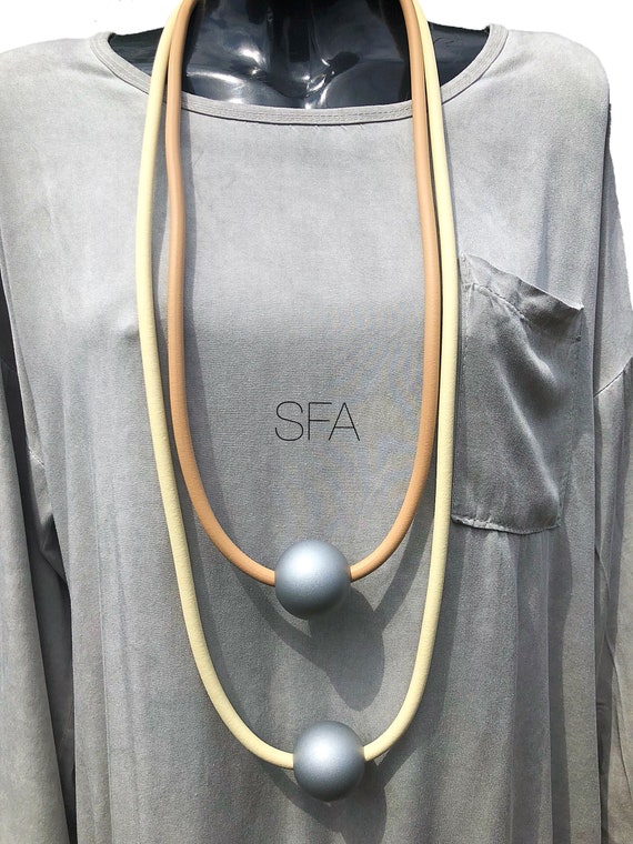 Lagenlook, geo, rubber long frosted silver ball necklace in grey and black or cream and honey beige