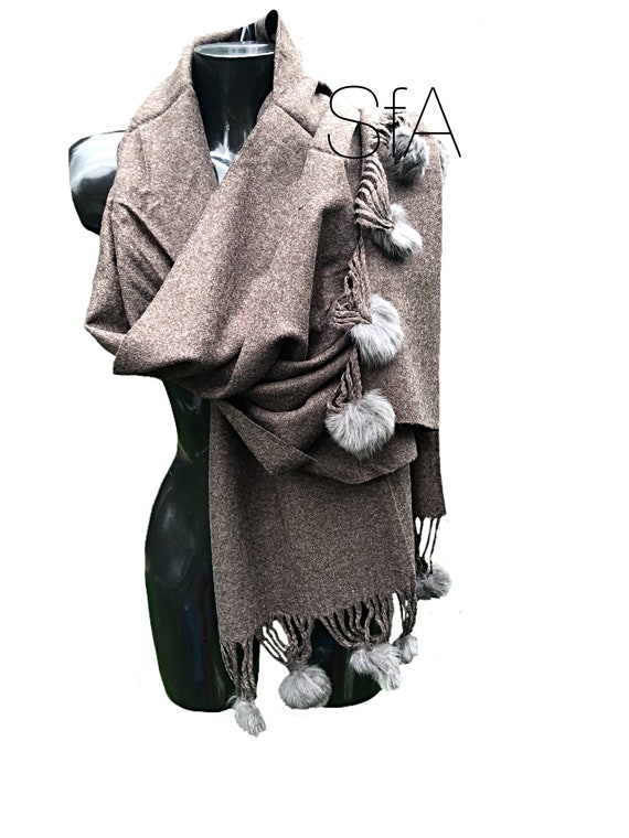 Lagenlook Long soft brown shawl or scarf with pompoms.