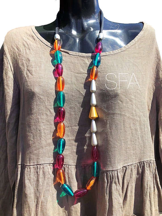 Lagenlook stunning multi coloured teardrop beaded necklace, on a twin cordthread.