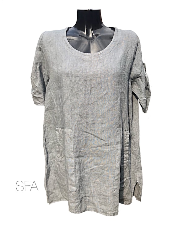 Lagenlook tunic, top. Mid grey tunic with hold up sleeves, and side pockets XXL