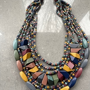 May include: Multi-strand wooden necklace with a variety of colors and shapes. The necklace is made of small, square beads and larger, oval and triangular beads. The colors include blue, green, yellow, red, and gray.